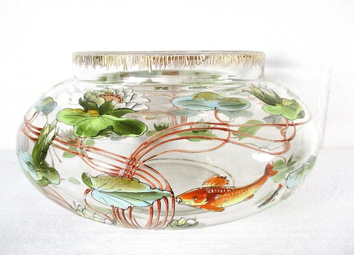 EXCEPTIONAL MOSER ? CA `890'S ENAMELED LARGE BOWL, FISH & LOTUS & GILDING