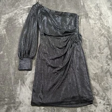 NW Nightway Dress Womens 6 Navy Metallic One Shoulder Cocktail Mini