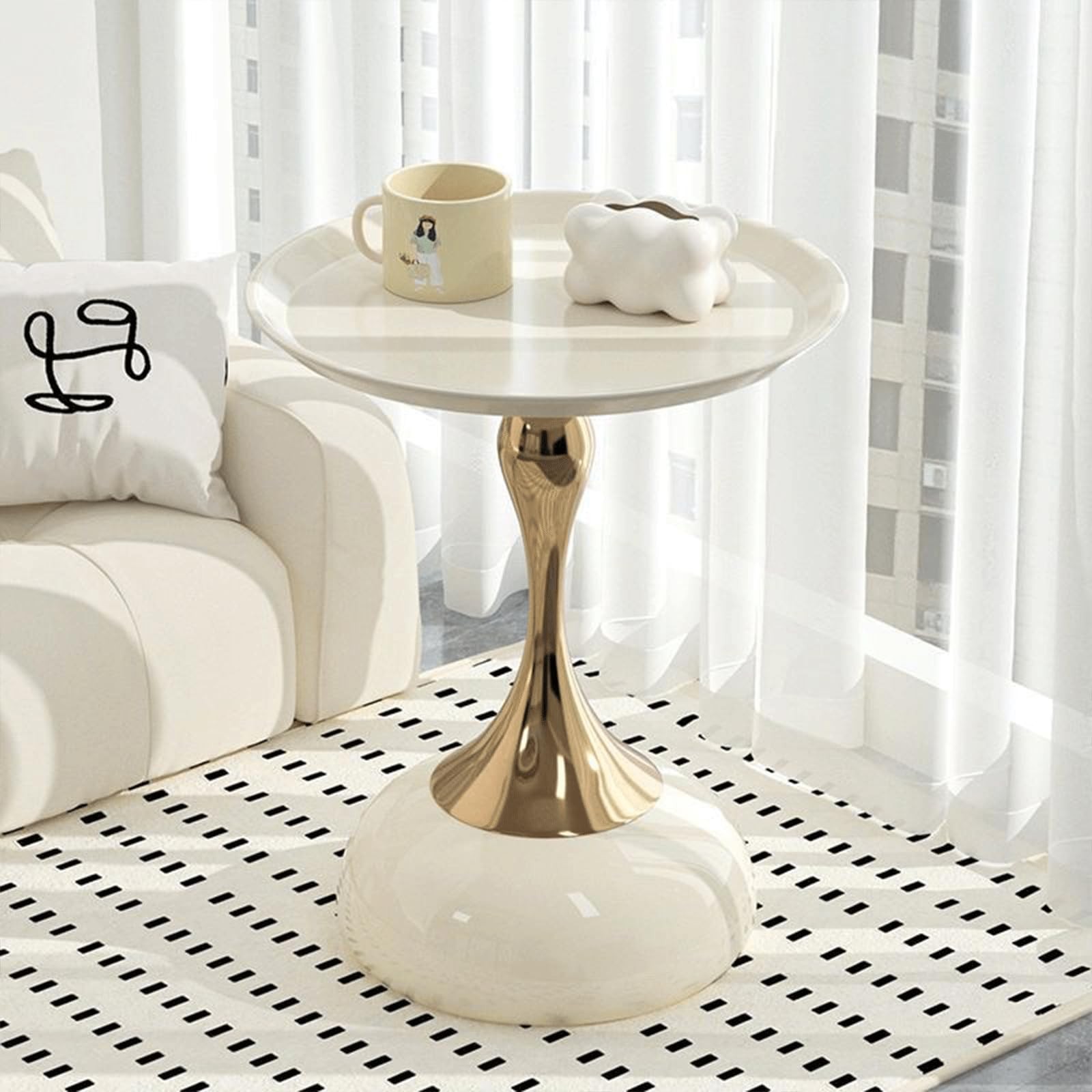 Modern Round Side Table with Gold Pedestal Base, Black Metal Top, Accent End ...