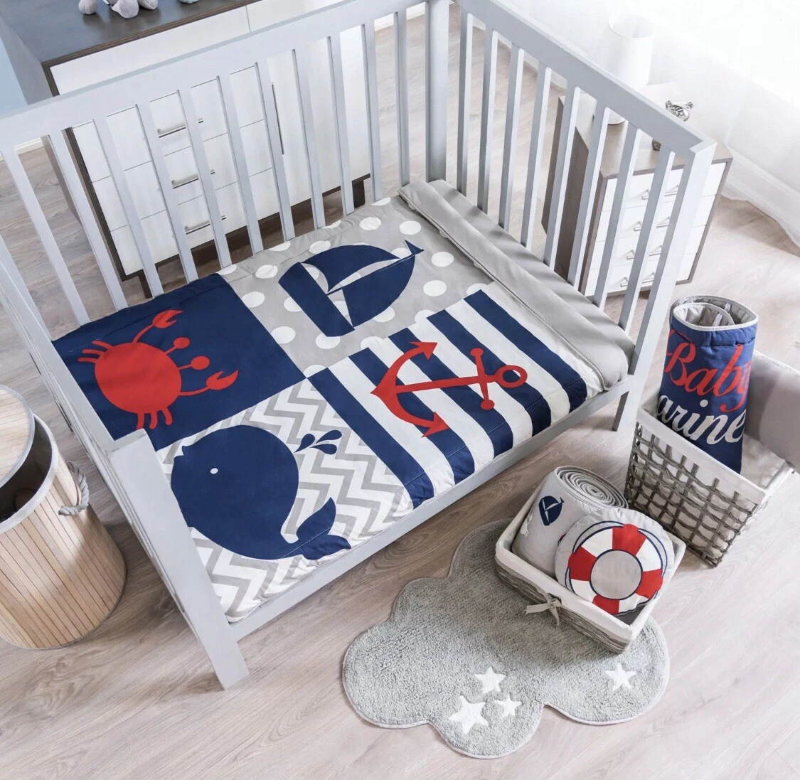 BOAT ANCHOR WHALE SEA BABY BOYS CRIB BEDDING SET 4 PCS 100% COTTON FOR GIFT