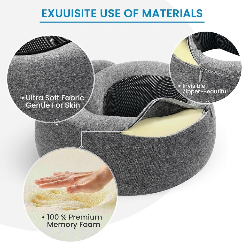Memory Foam Travel Neck Pillow for Airplanes - Light Gray & Ultra Comfortable