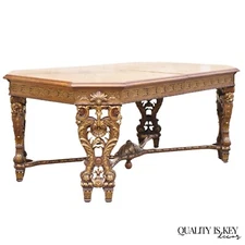 Antique French Baroque Rococo Revival Carved Walnut Dining Table w/ 2 Leaves