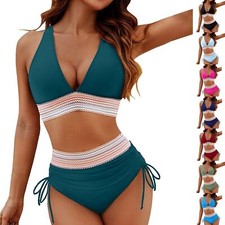 Womens High Waisted Bikini Sets Tummy Control Two Piece Color Block Swimsuits