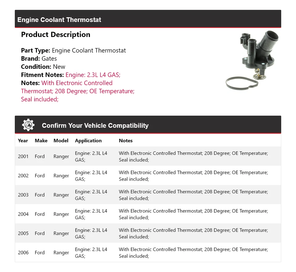 Para Ford Ranger 2001-2006 2,3 L L4 motor gas refrigerante termostato puertas 2002 2003 Foto 2 de 4