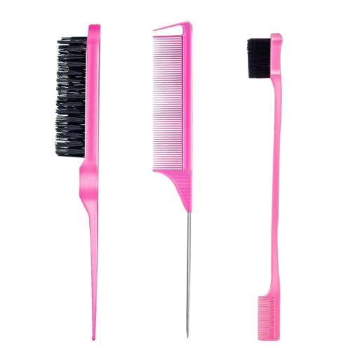 3-Piece Hair Styling Comb Set: Teasing Brush, Rat Tail Comb, Edge Brush (Pink) - Picture 1 of 7