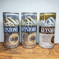 Vintage - Lot of 3 Keystone Beer Cans, 2x Light (1 Heavy Dented), 1x Regular