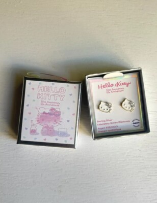 Hello Kitty 50th Sterling Silver 1/20 ct tw Stud Lab Grown Diamond Earrings NIB