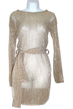 Pretty Little Thing Sheer Gold Metallic Belted Dress Uk 6