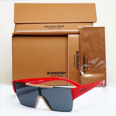Burberry Sonnenbrille Rot Schwarz Beige Schild Visier Eckig Unisex BE 4291