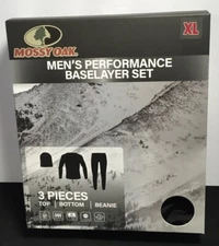 MOSSY OAK PERFORMANCE MENS 3PC BASE LAYER SET TOP PANTS BEANIE BLACK Sz XL NWT