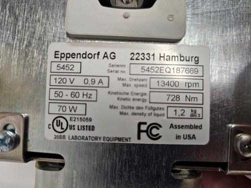 Eppendorf 5452 MiniSpin Micro 110 Volt Centrifuge w/ F45-12-11 Rotor & Lid, Warr - Picture 5 of 6