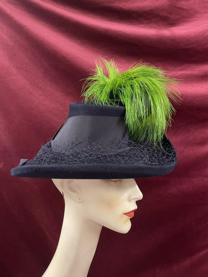 复古 40 年代海军羊毛帽子倾斜绿色羽毛坎贝尔加州帽子  — 第 4/4 张图片