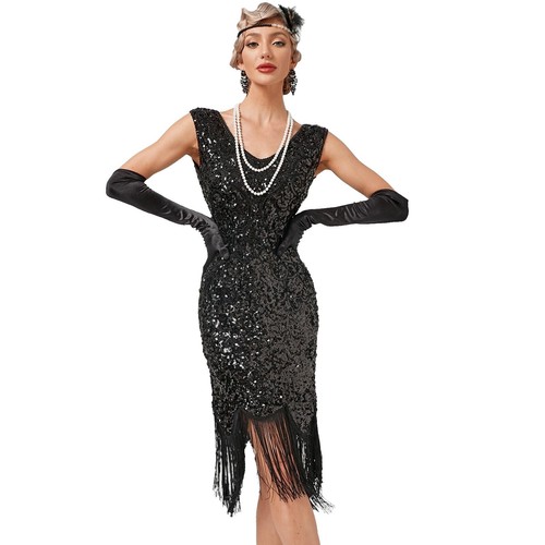 knee length dresses for ladies BABEYOND Art Deco Beaded Sleeveless 1920s Costumes, Irregular Gauze Hemline Sparkly Evening Dresses, Black / Gold, Size 20