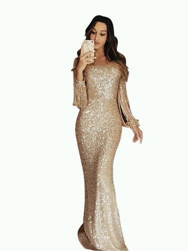 Abito da sera donna personalità moda paillettes manica lunga nappa - Foto 4 di 12