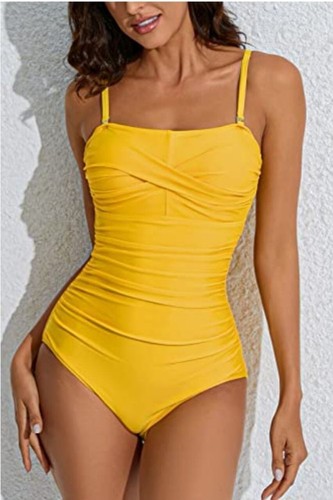 Yellow Ruched Womens One-Piece Swimsuit Adj Straps & Bandeau Option Yonique XL - 第 1/11 張圖片
