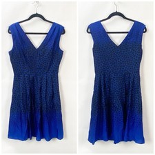 Loft Fit and Flare V-Neck Dress Printed Sleeveless Pleated Blue Women's Size 6
