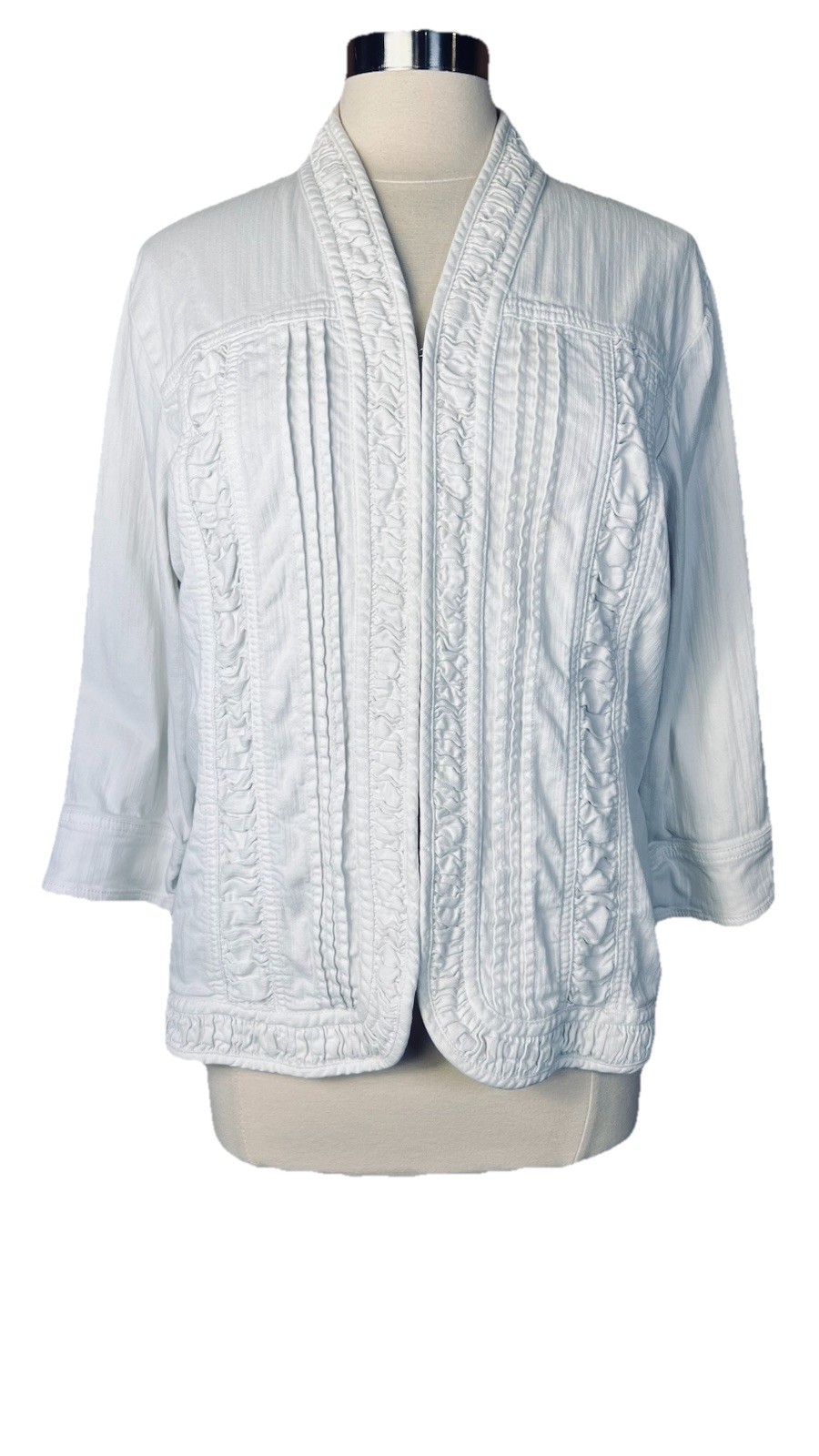 CHICO’S Platinum (Size 3, US XL) Marin 3/4 Sleeve White Denim Jacket Ruched