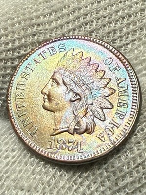 1874 Indian Head Cent Penny AU+ High Grade Toned