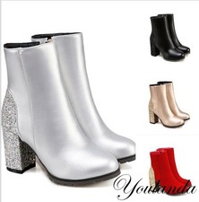 Sequins Women's Round Toe Ankle Boots Block Heels Shoes Fashion Pumps Oversize