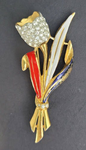 Vintage Coro Brooch Tulip Flower Enamel Rhinestone Alfred Katz READ