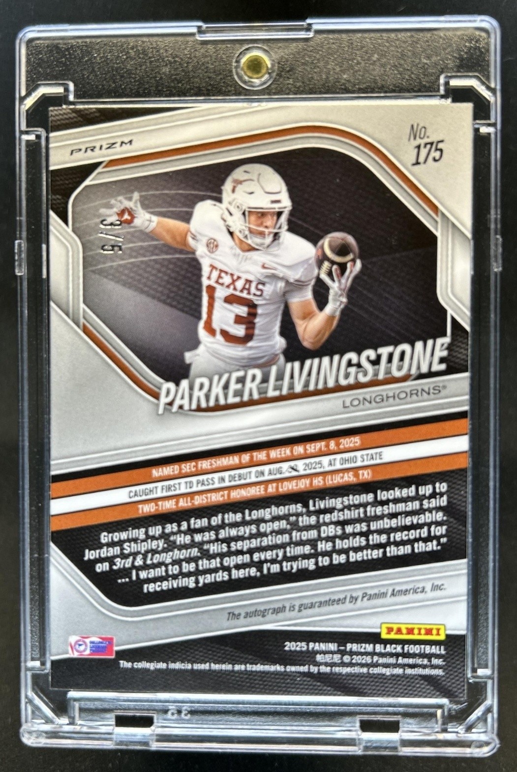 2025 Panini Prizm Black Parker Livingstone Prospects Auto Gold Vinyl FOTL #/5 view 2