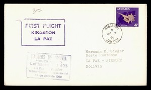 DR WHO 1968 JAMAICA FIRST FLIGHT KINGSTON TO LA PAZ BOLIVIA R28711