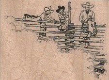 Cowpokes On Fence 4 1/4 x 3" Rubber Stamp, Cowboy Stamp, Western