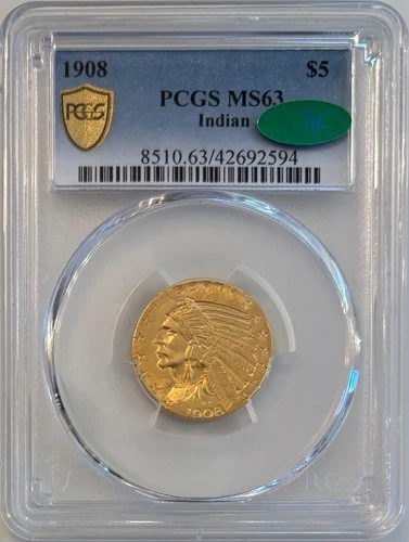 1908 Indian Head $5 Gold Half Eagle PCGS MS63 CAC Green Sticker WOW!!