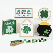 St. Patrick’s Day Decorations – 6 PCS Wooden Luck Signs, Rustic Tiered Tray D...