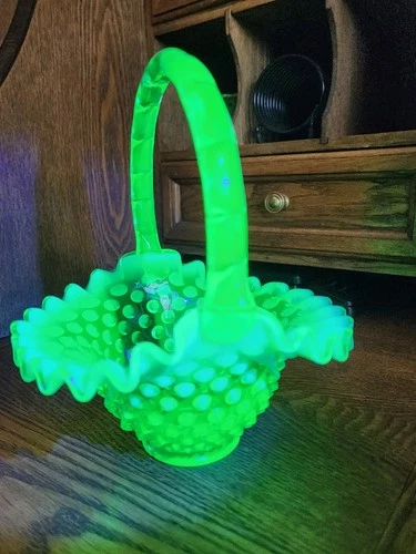 Fenton Emerald Green Opalescent Uranium Hobnail Basket - Glower!