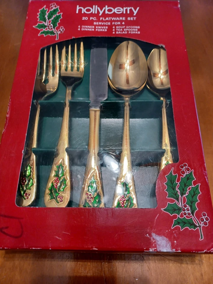 Juego de 20 cubiertos de Navidad Hollyberry Classic Traditions chapado en oro de acero inoxidable Foto 2 de 4