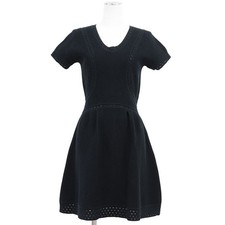 CHANEL Knit Lace Dress P51276 100%-Cotton Short sleeves Women Size 36 Dark navy