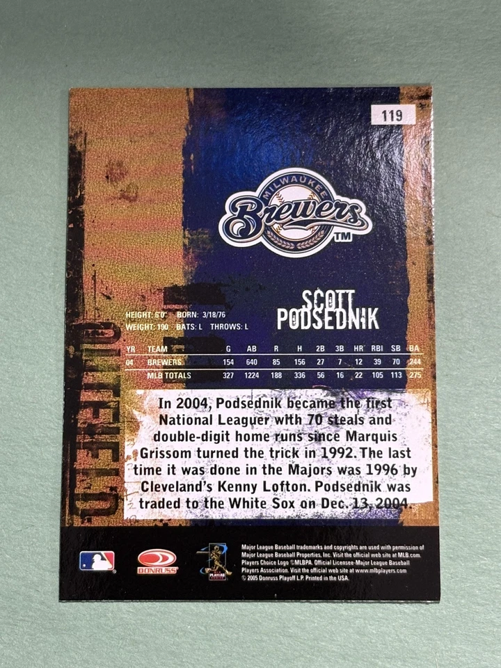 Scott Podsednik 2005 Donruss Leather & Lumber Milwaukee Brewers #119 EE404 - Image 2 of 2