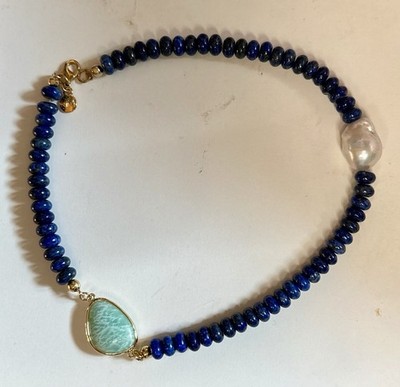 MAYAMAR Lapis Lazuli Choker W Green Adventuring Stone and Baroque Pearl 15 