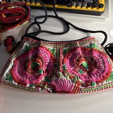 Floral Embroidered Crossbody Bag Zip Detachable Strap Pom-Poms
