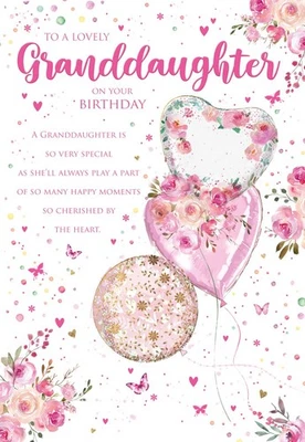 Granddaughter Happy Birthday Card. Cherry Orchard. Modern floral balloons pretty