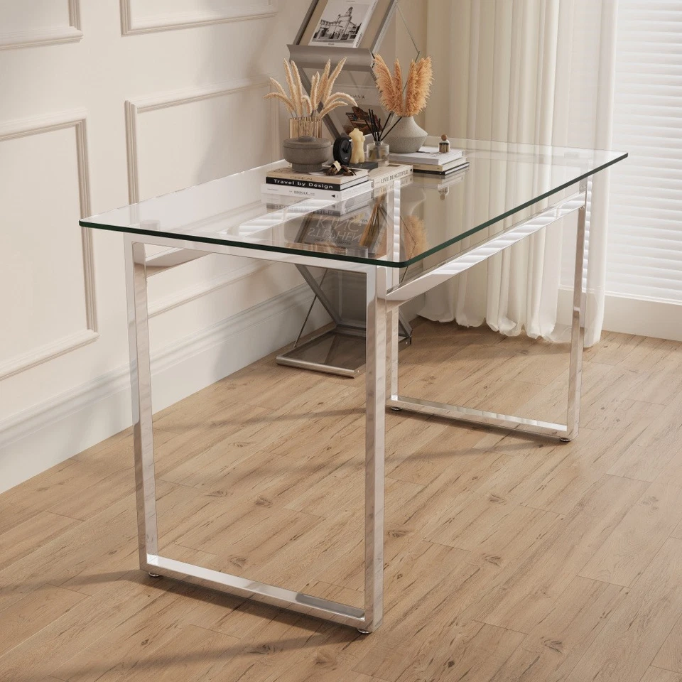 Mesa de comedor moderna de vidrio minimalista de 51 pulgadas con patas de metal de vidrio templado de 0,31 pulgadas Foto 4 de 4