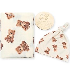 Muslin Swaddle Blankets, Muslin Baby Swaddle Blanket and Hat Set with Birth A...