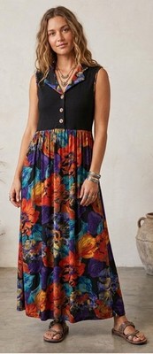Vintage Carol Little Maxi Dress Size 10 Medium Dark Floral Artsy Boho Festival 