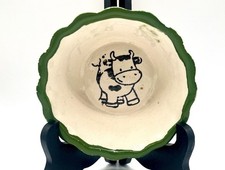 Vintage Cow Bowl Trinket Dish Handmade Pottery Old 5” Has 2 Chips Green Rim