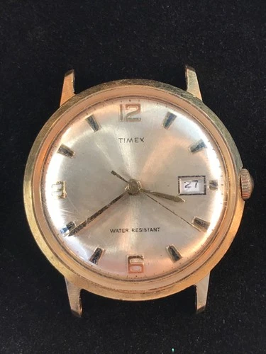 Vintage TIMEX Marlin 1970's Mens Watch 212425 70A Wind-Up,Gold Tone,Date,FREE