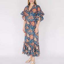 Fitzroy & Willa SOLEIL Maxi Dress Blue Floral Ruffle V Neck Cottagecore Party XS