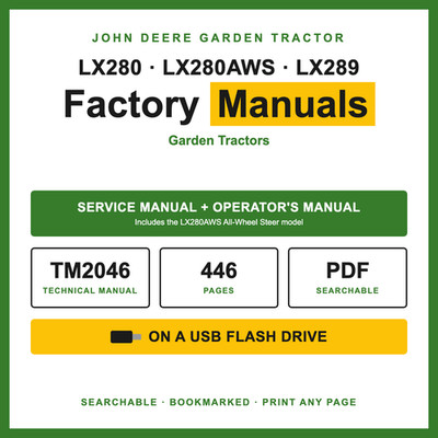 John Deere LX280 LX280AWS LX289 Garden Tractor Service Manual TM2046 USB