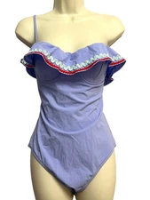 J Crew Swimsuit Womens 8 Purple Seersucker Ruffle One Piece Removable Straps NWT