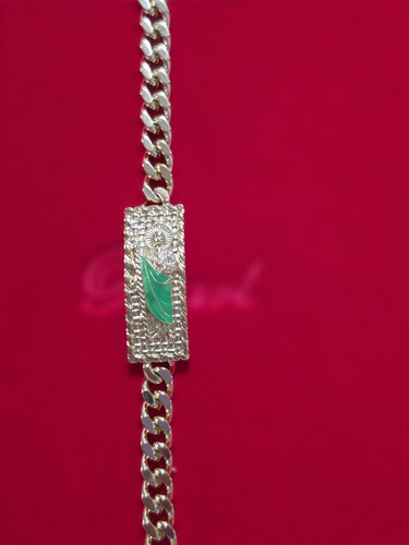 14k Italian gold-bonded Cuban link chain bracelet featuring a green rectangular