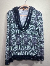 Tory Burch Navy & Green Hooded Terry Cloth Tunic Size Small Beach Resortwear