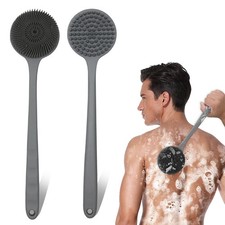 Long Handle Silicone Back Scrubber Shower Brush, Double-Sided Body Wash Gray