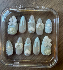 Press-On Nails Long Almond Blue/White 3D Shiny Full Cover Pre-Designed Bow