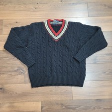 VTG Polo Ralph Lauren Wool Cable Knit V-Neck Sweater Sz L Black Red Stripe