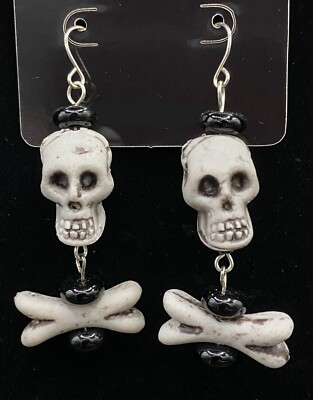 Handmade Skull & Crossbones with Black Glass Bead Earrings by Neanie-Bot